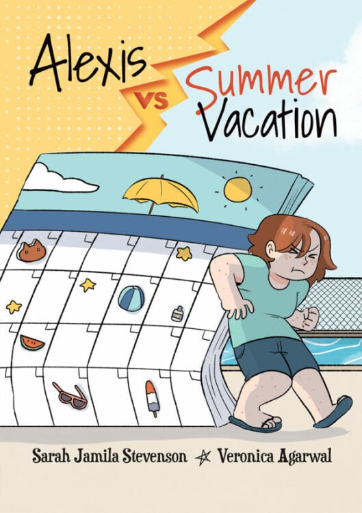 The book cover for "Alexis vs. Summer Vacation." An illustration of a girl with short orange hair struggling to hold up a giant calendar.