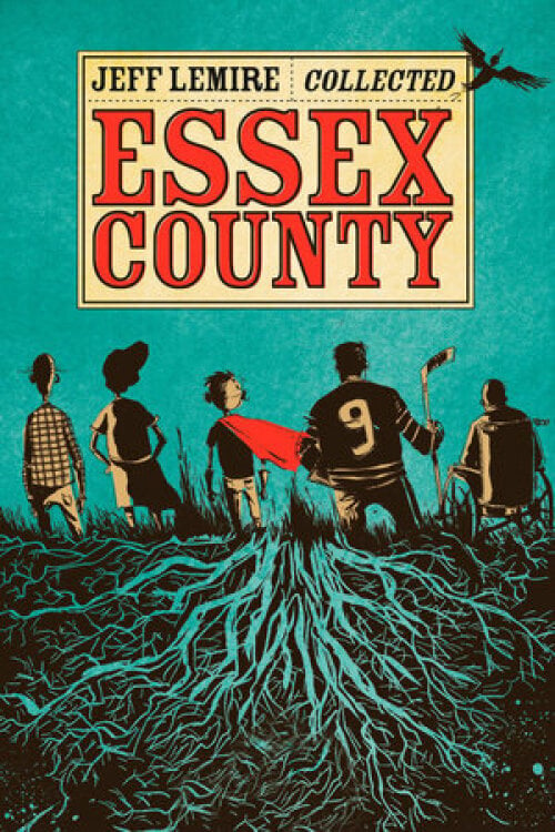 The book cover of  the "Essex County" complete collection. An illustration of the backs of five young people standing on top of a stylized tree root system.