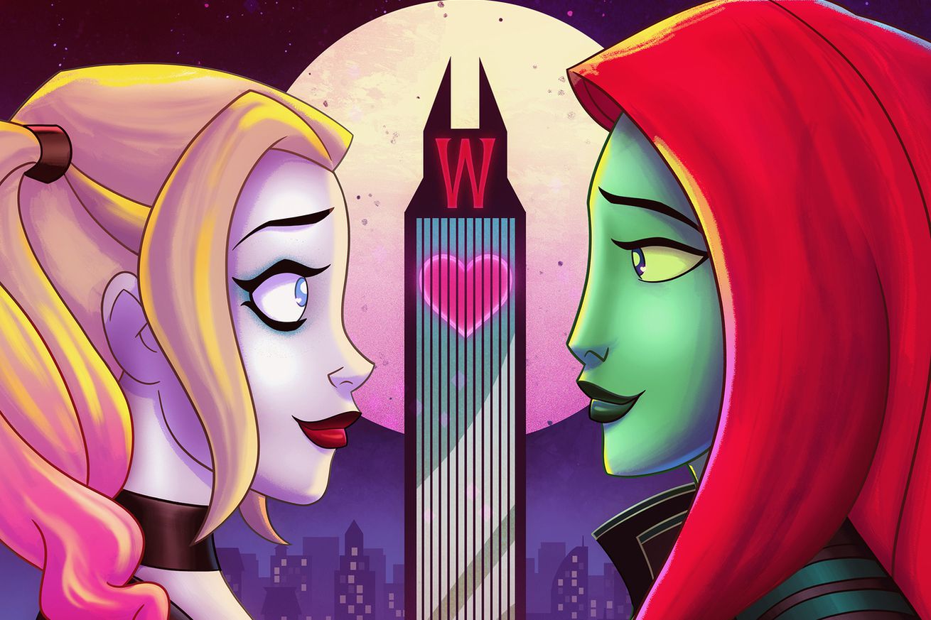 A blonde woman with a pink-tipped pigtail, choker, and chalk-white skin standing in profile across from another woman with green skin and red hair. Behind the two women is a skyscraper whose tip resembles Batman’s ears.