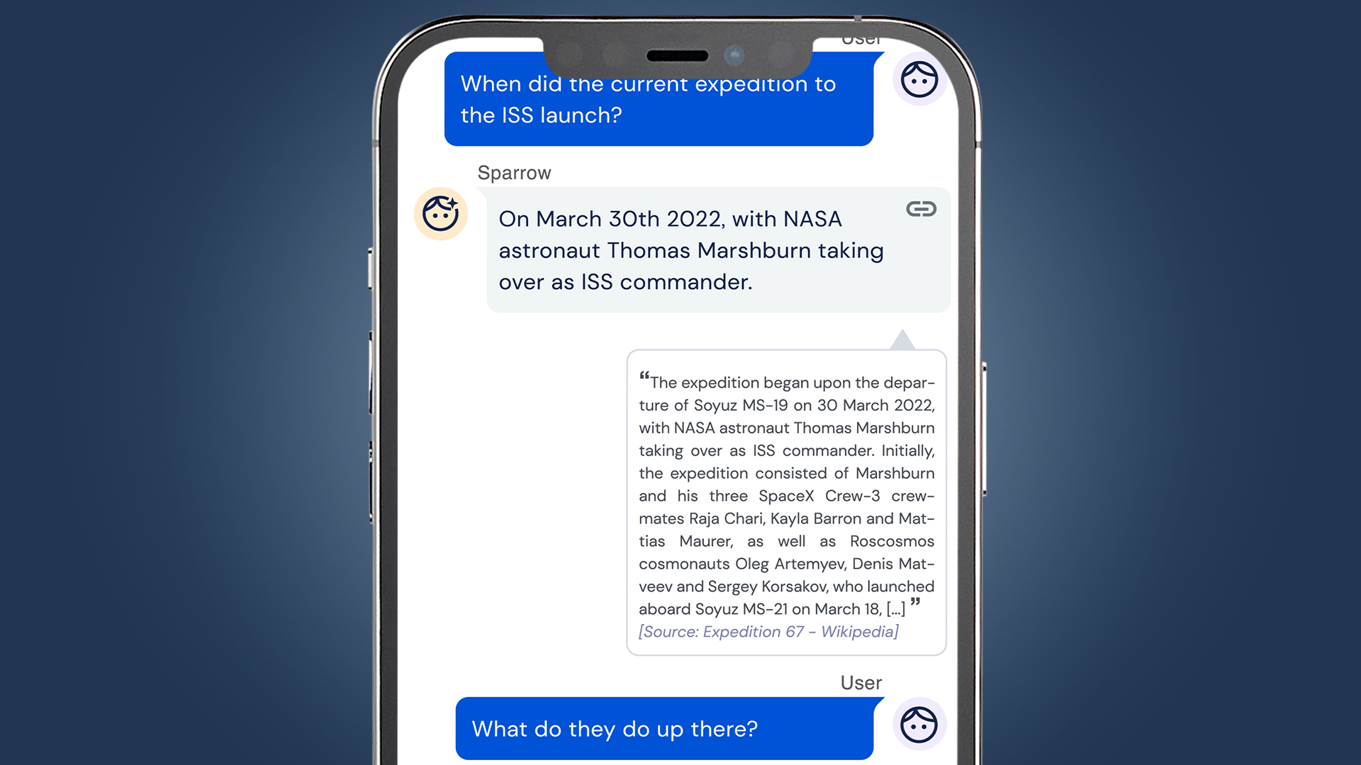 A phone screen showing DeepMind's Sparrow chatbot